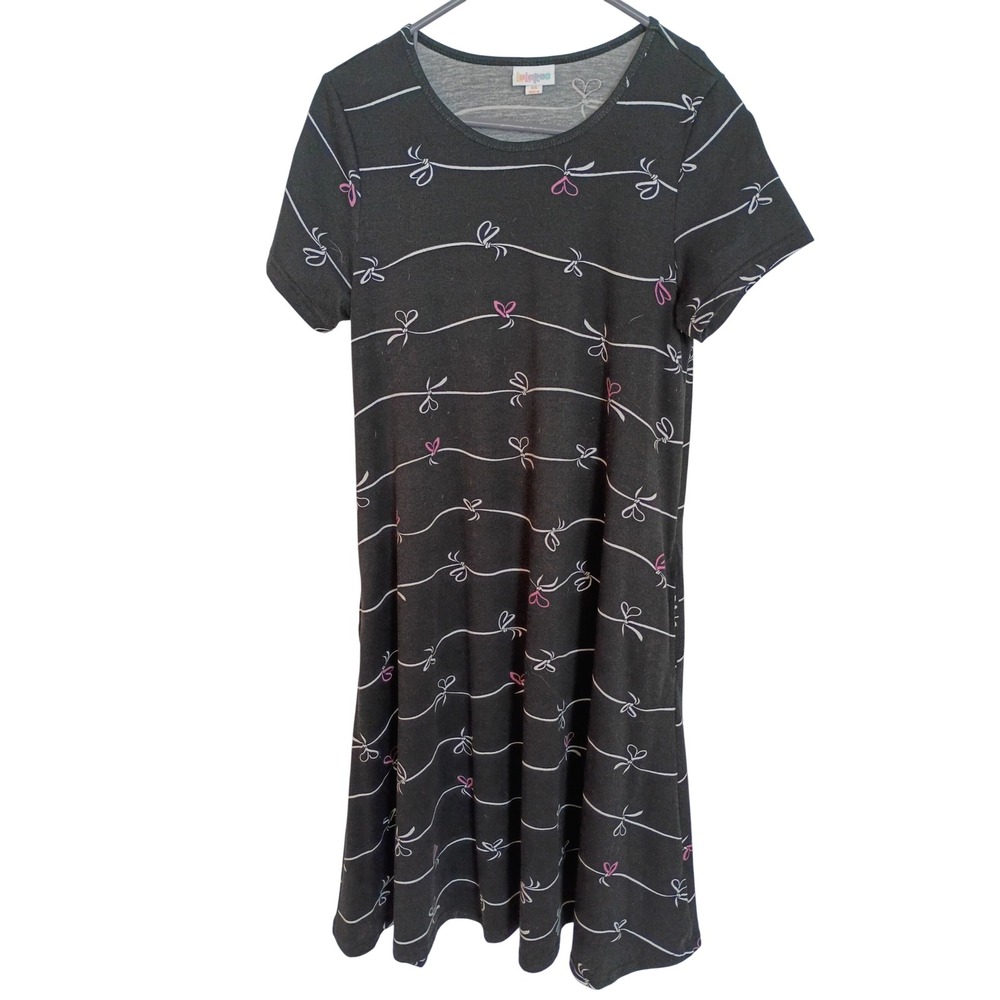 LuLaRoe Carly Dress Womens XS Black Gray Butterfly Print Short Sleeve Swing Knit